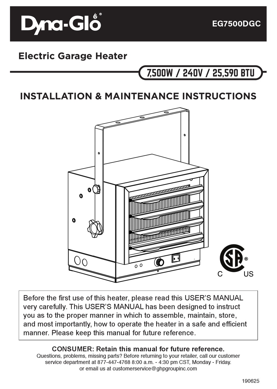 DYNAGLO EG7500DGC INSTALLATION & MAINTENANCE INSTRUCTIONS MANUAL Pdf
