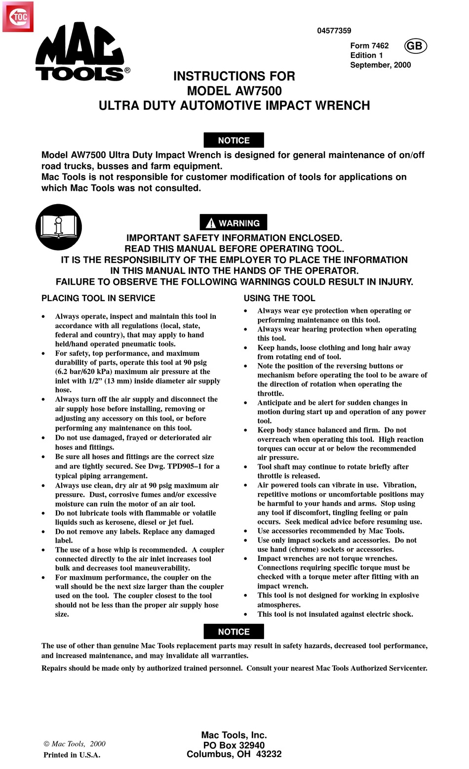 MAC TOOLS AW7500 INSTRUCTIONS MANUAL Pdf Download ManualsLib
