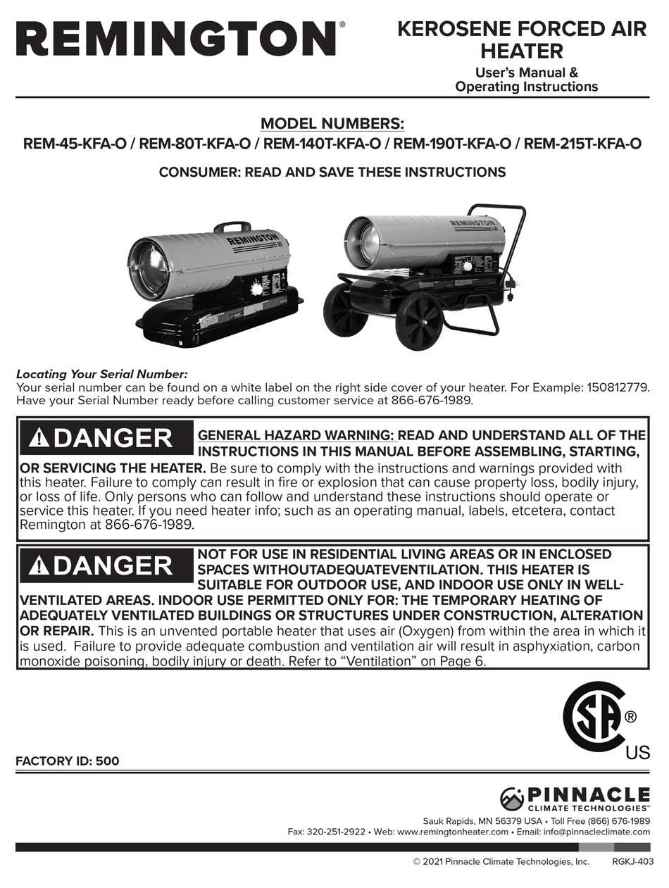 PINNACLE CLIMATE TECHNOLOGIES REMINGTON REM80TKFAO USER'S MANUAL