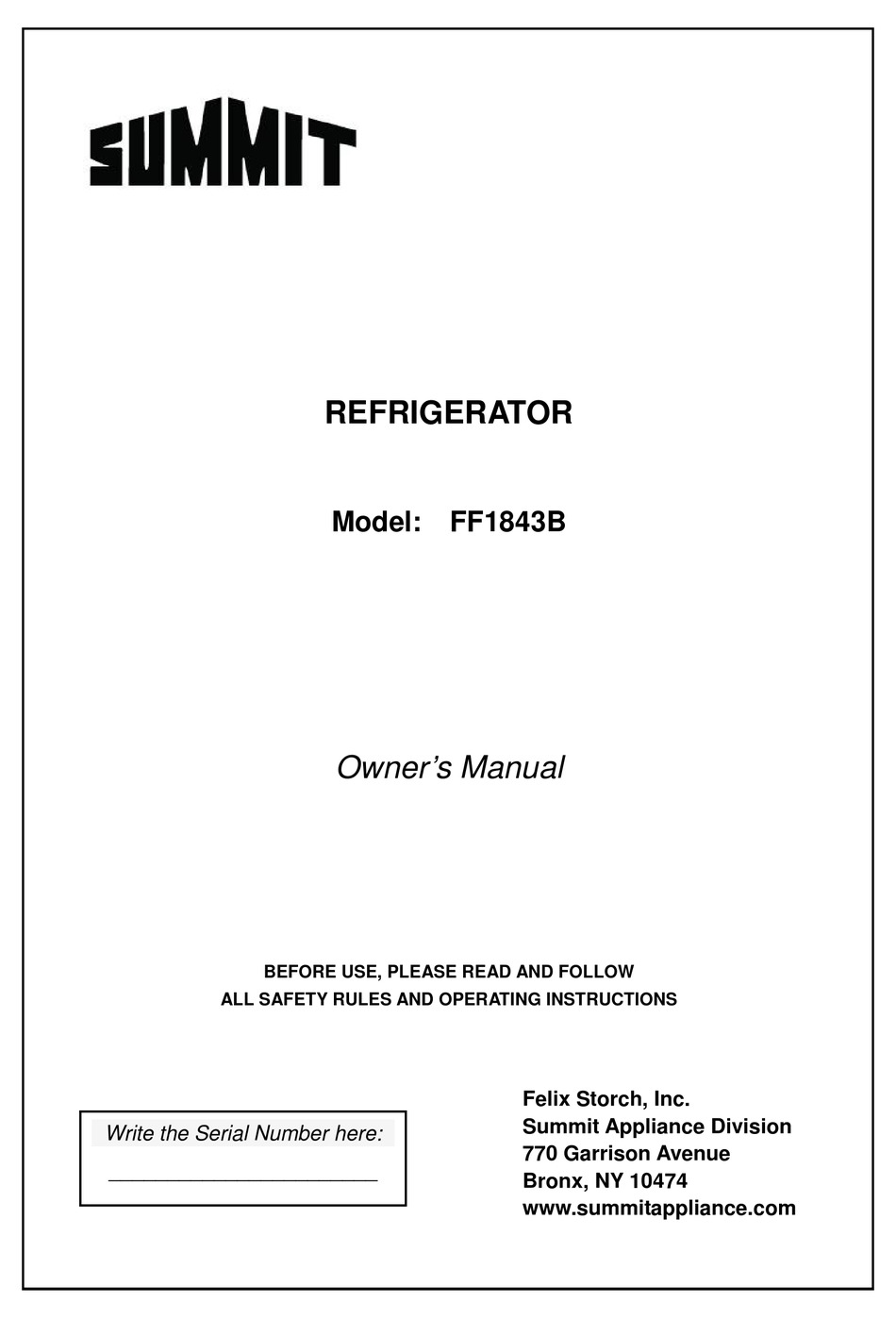 SUMMIT FF1843BCSSADA OWNER'S MANUAL Pdf Download | ManualsLib