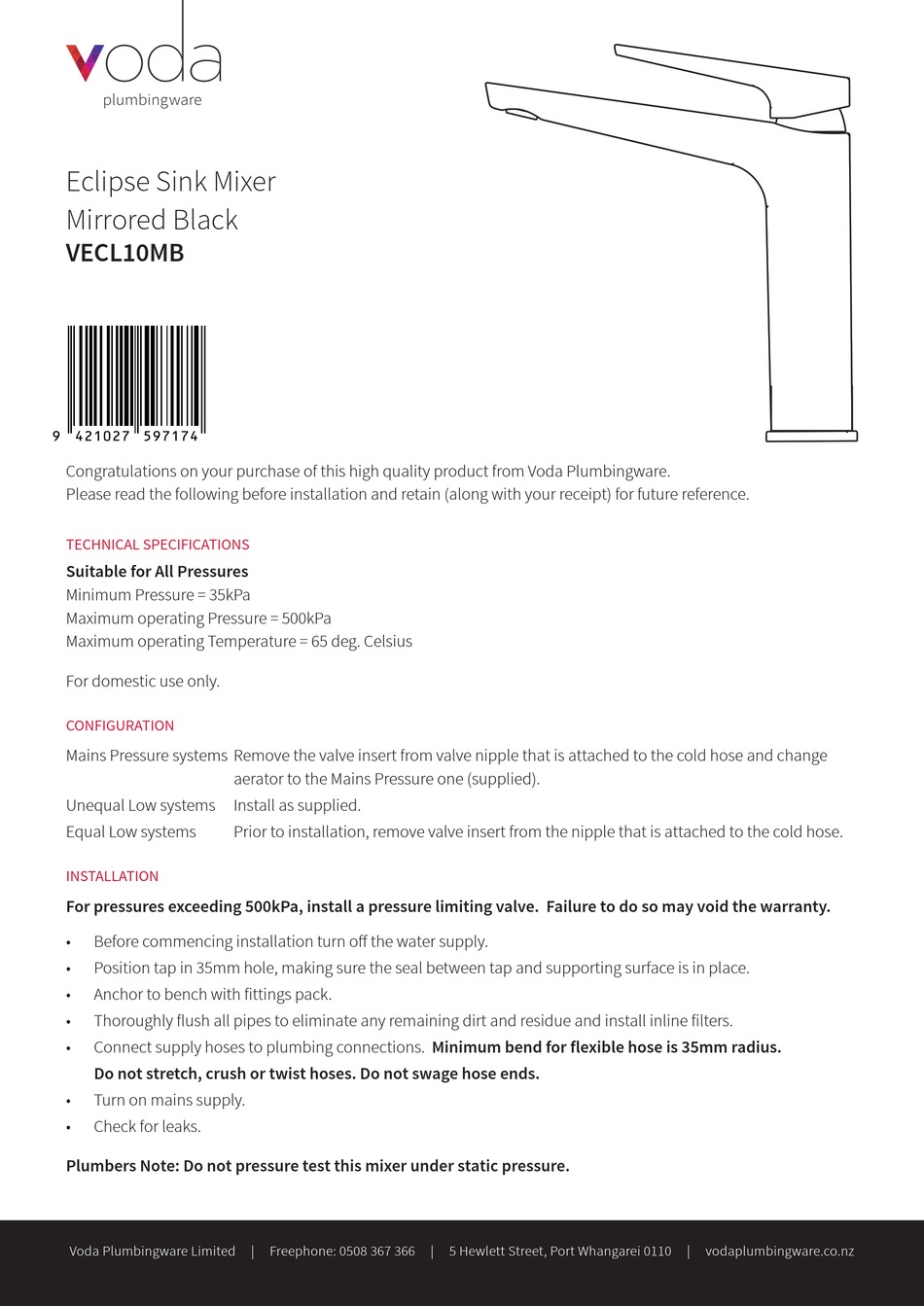 VODA PLUMBINGWARE ECLIPSE VECL10MB MANUAL Pdf Download ManualsLib