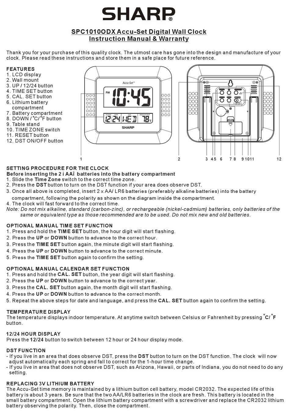 SHARP ACCU-SET SPC1010ODX INSTRUCTION MANUAL & WARRANTY Pdf Download