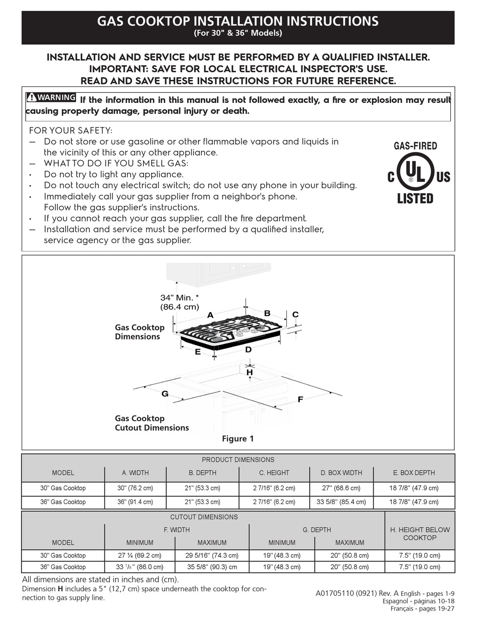 FRIGIDAIRE GCCG3648AS INSTALLATION INSTRUCTIONS MANUAL Pdf Download
