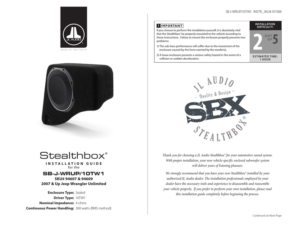 JL AUDIO 94607 INSTALLATION MANUAL Pdf Download ManualsLib