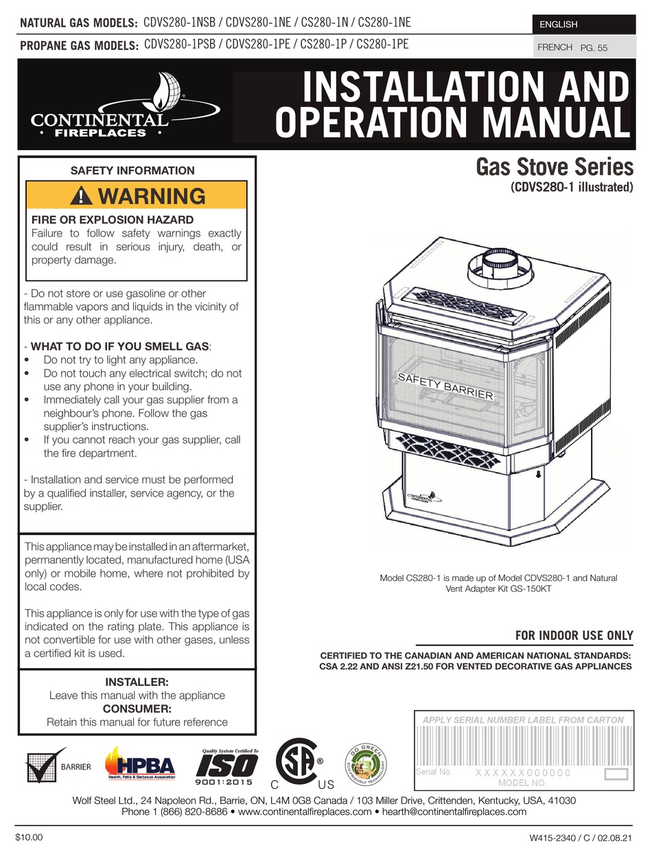 CONTINENTAL FIREPLACES CDVS2801NSB INSTALLATION AND OPERATION MANUAL