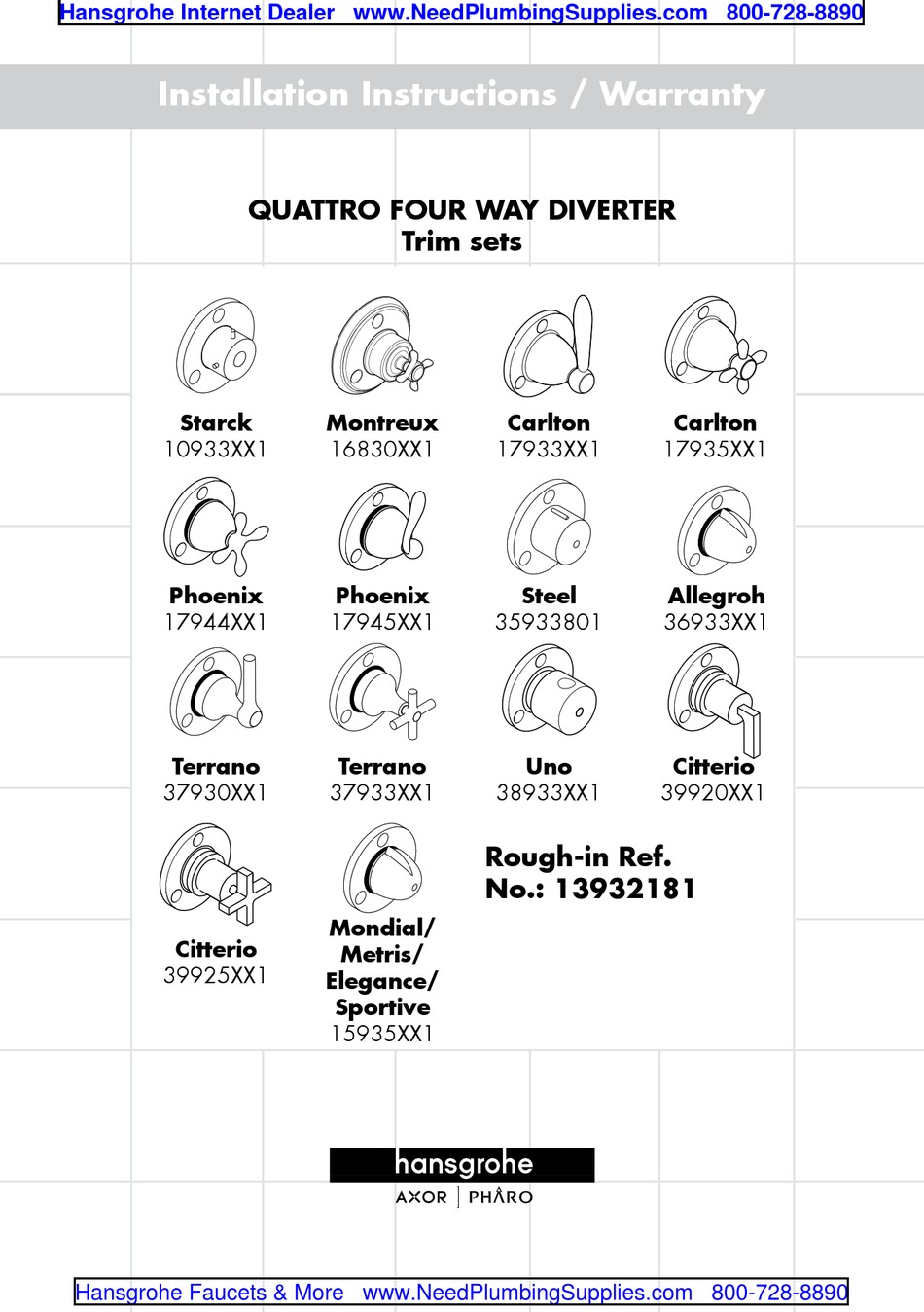 HANS GROHE AXOR PHARO METRIS 15935 1 SERIES INSTALLATION INSTRUCTIONS