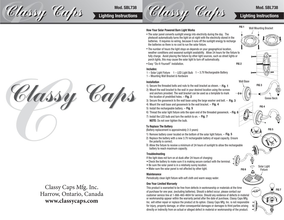 CLASSY CAPS SBL738 LIGHTING INSTRUCTIONS Pdf Download ManualsLib