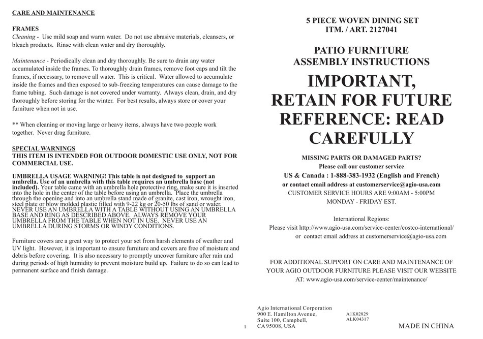 AGIO 2127041 ASSEMBLY INSTRUCTIONS MANUAL Pdf Download ManualsLib