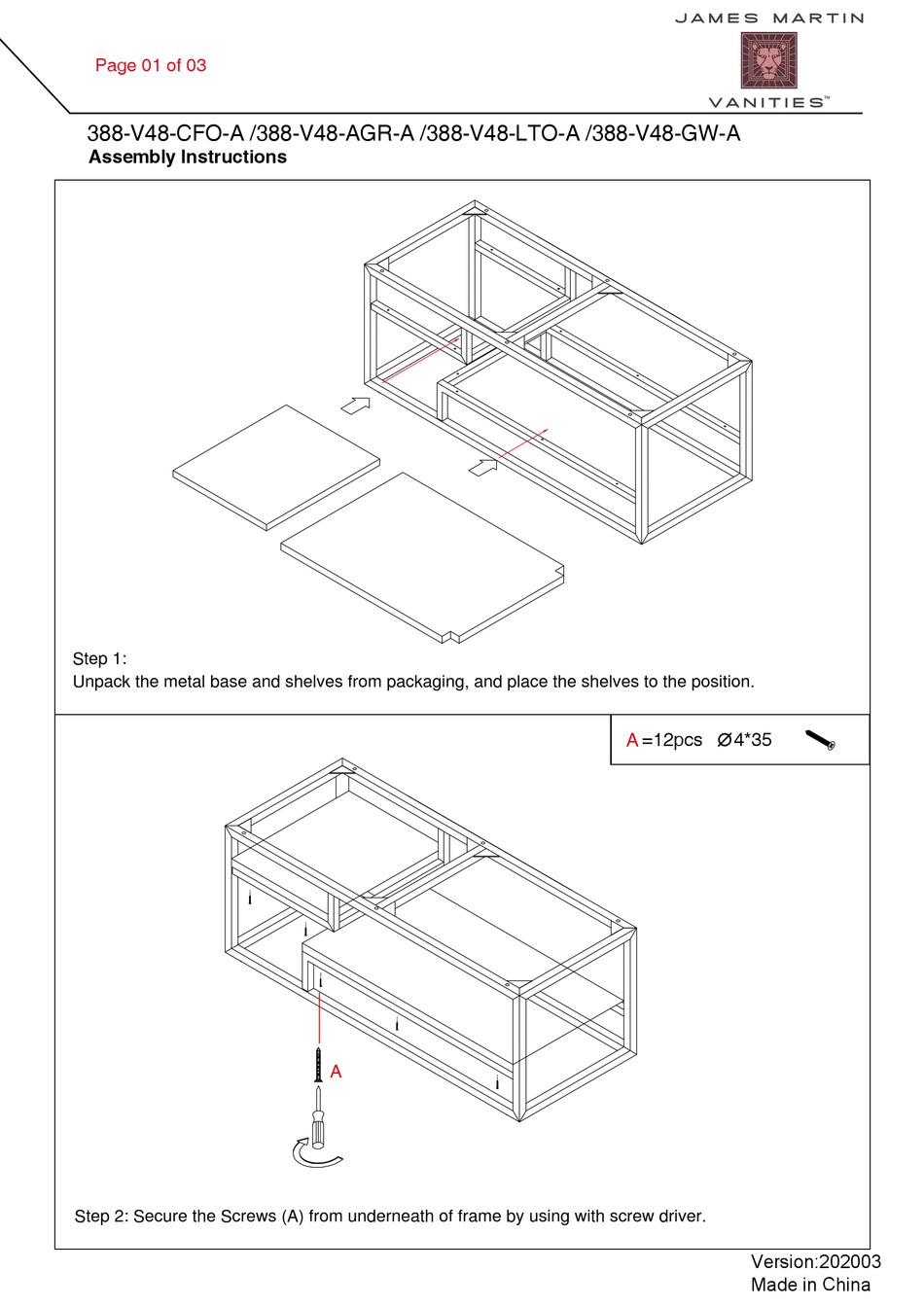 JAMES MARTIN VANITIES 388V48CFOA ASSEMBLY INSTRUCTIONS Pdf Download