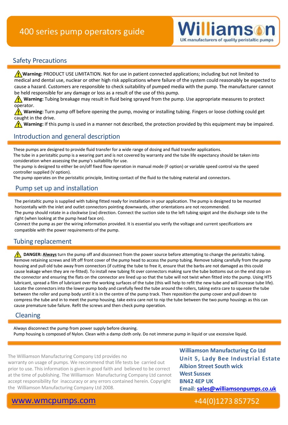 WILLIAMSON 400 SERIES OPERATOR'S MANUAL Pdf Download ManualsLib