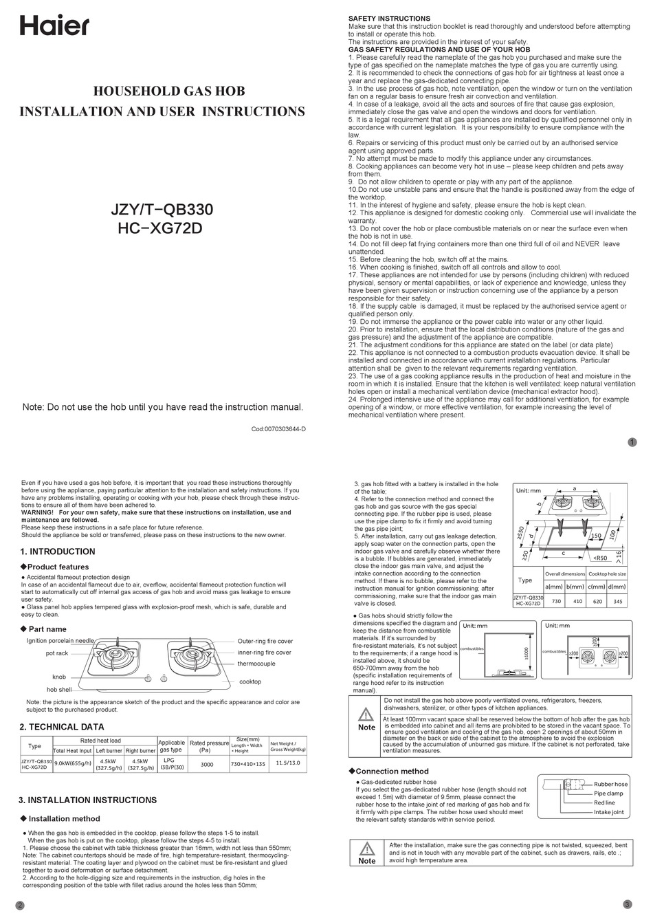 Haier Hc Xg D Installation And User Instruction Pdf Download Manualslib