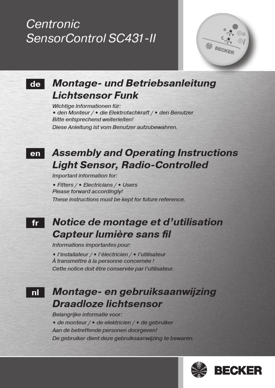 BECKER CENTRONIC SENSORCONTROL SC431II ASSEMBLY AND OPERATING