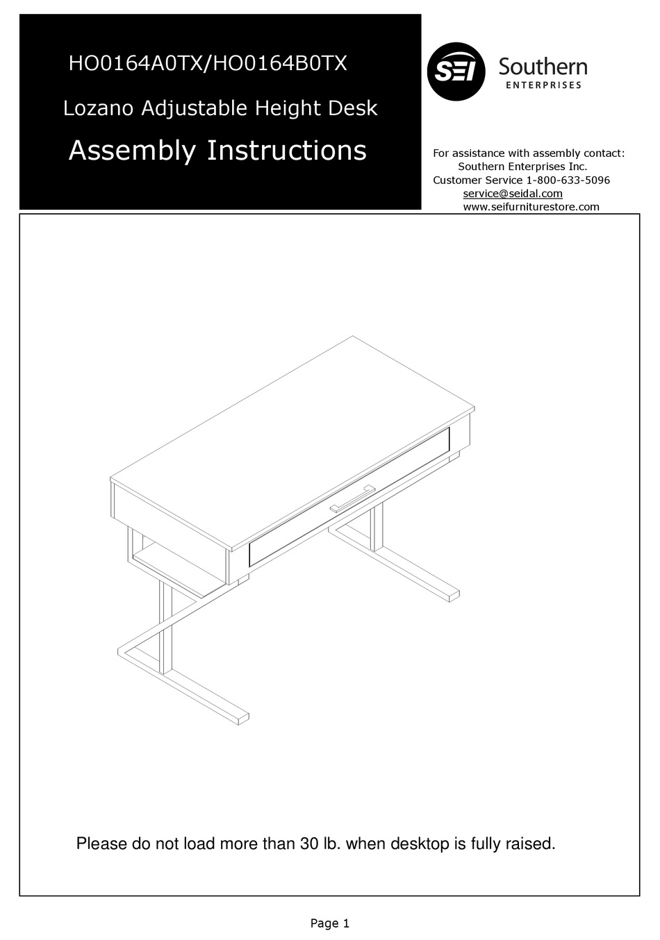SOUTHERN ENTERPRISES LOZANO HO0164A0TX ASSEMBLY INSTRUCTIONS MANUAL Pdf