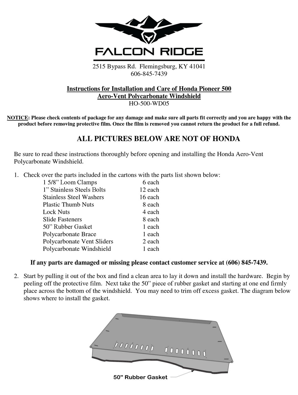 FALCON RIDGE HO500WD05 INSTRUCTIONS FOR INSTALLATION AND CARE Pdf