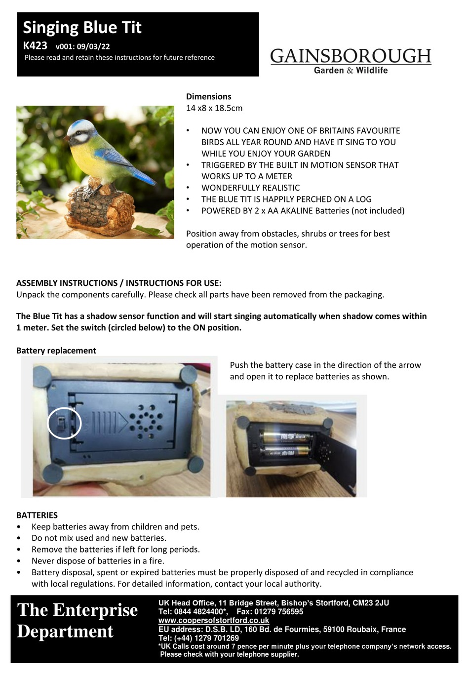 GAINSBOROUGH K423 ASSEMBLY INSTRUCTIONS/INSTRUCTIONS FOR USE Pdf