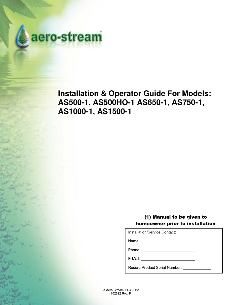 AEROSTREAM AS5001 INSTALLATION AND OPERATOR'S MANUAL Pdf Download