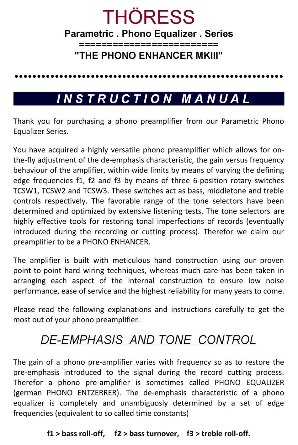 THÖRESS PARAMETRIC PHONO EQUALIZER SERIES INSTRUCTION MANUAL Pdf
