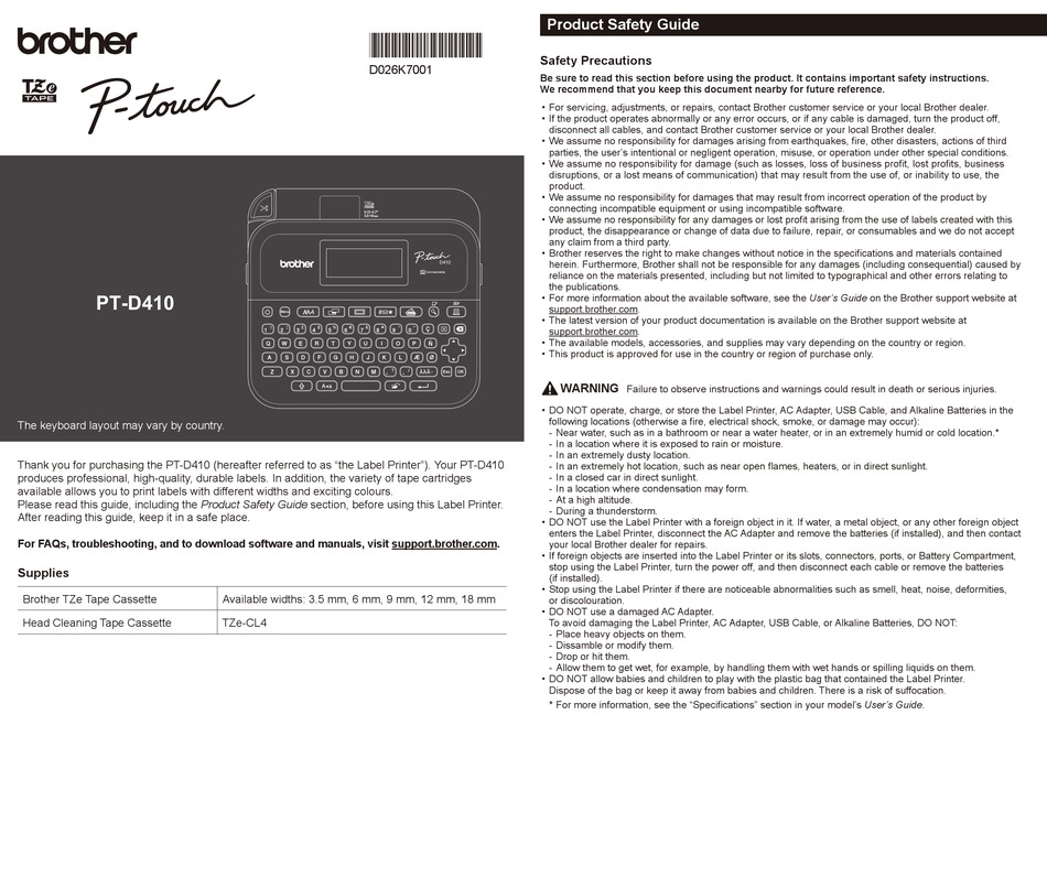 BROTHER P-TOUCH PT-D410 MANUAL Pdf Download | ManualsLib