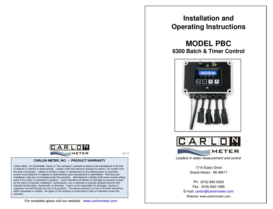 CARLON PBC6300 INSTALLATION AND OPERATING INSTRUCTIONS Pdf Download