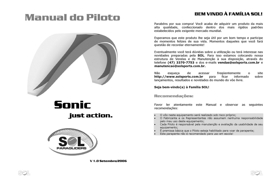 SOL PARAGLIDERS SONIC 15 PILOT'S MANUAL Pdf Download ManualsLib