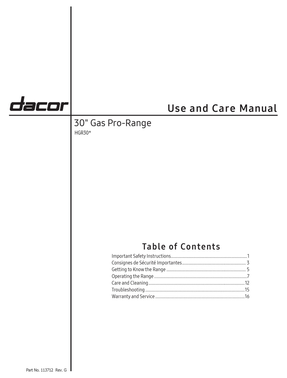 DACOR HGR30 SERIES USE AND CARE MANUAL Pdf Download ManualsLib