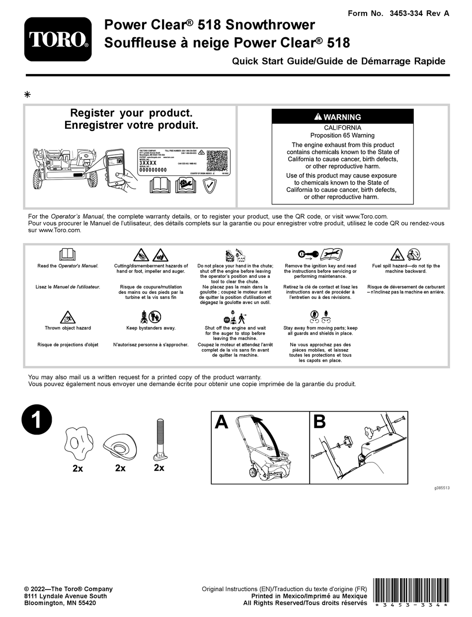 TORO POWER CLEAR 518 QUICK START MANUAL Pdf Download ManualsLib
