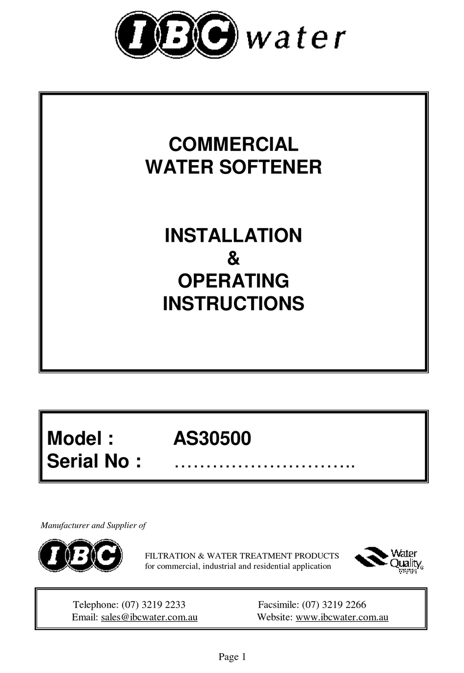 IBC WATER AS30500 INSTALLATION & OPERATING INSTRUCTIONS MANUAL Pdf