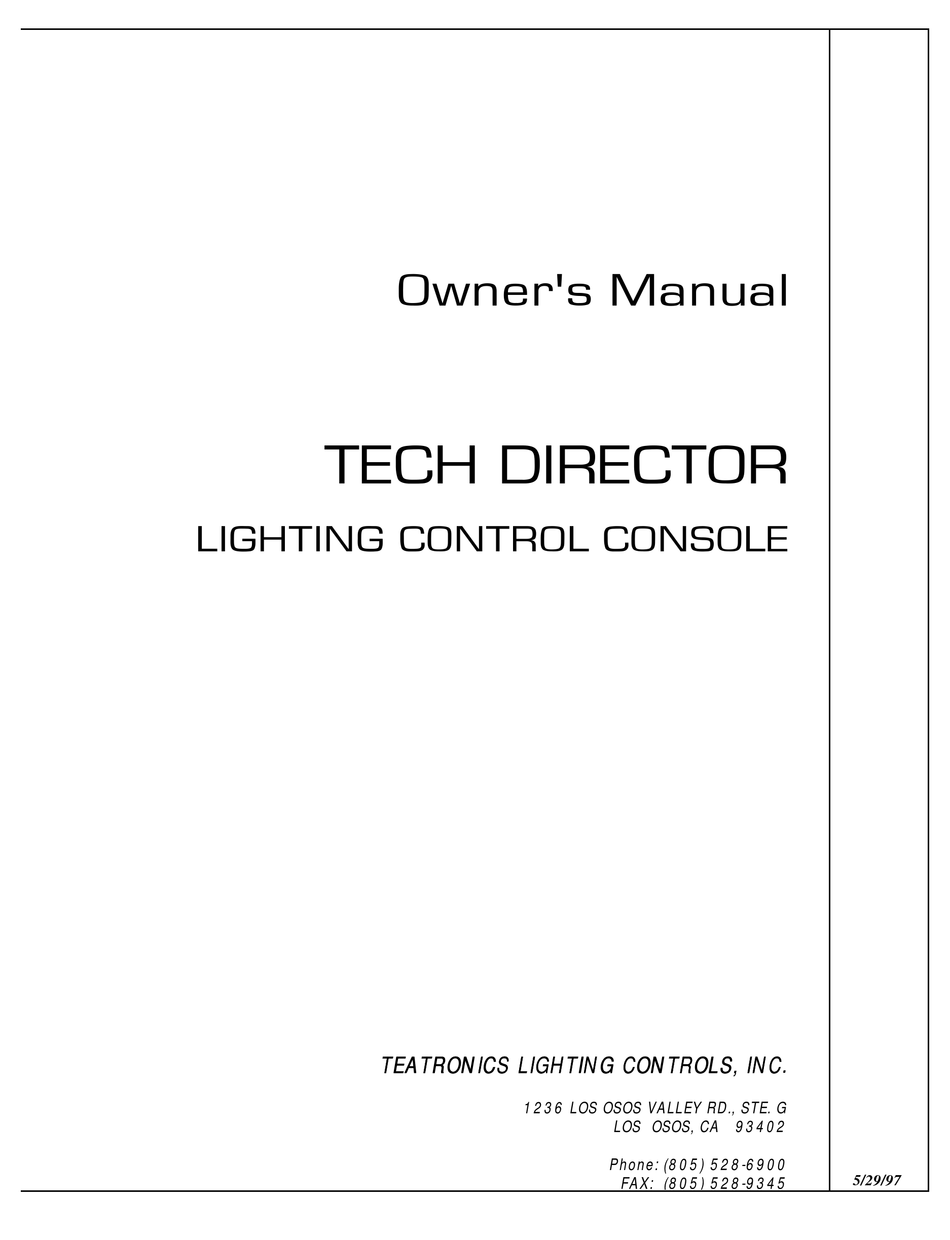 TEATRONICS LIGHTING CONTROLS TECH DIRECTOR OWNER'S MANUAL Pdf Download