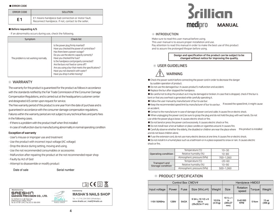 SAESHIN BRILLIAN MEDIPRO MANUAL Pdf Download | ManualsLib