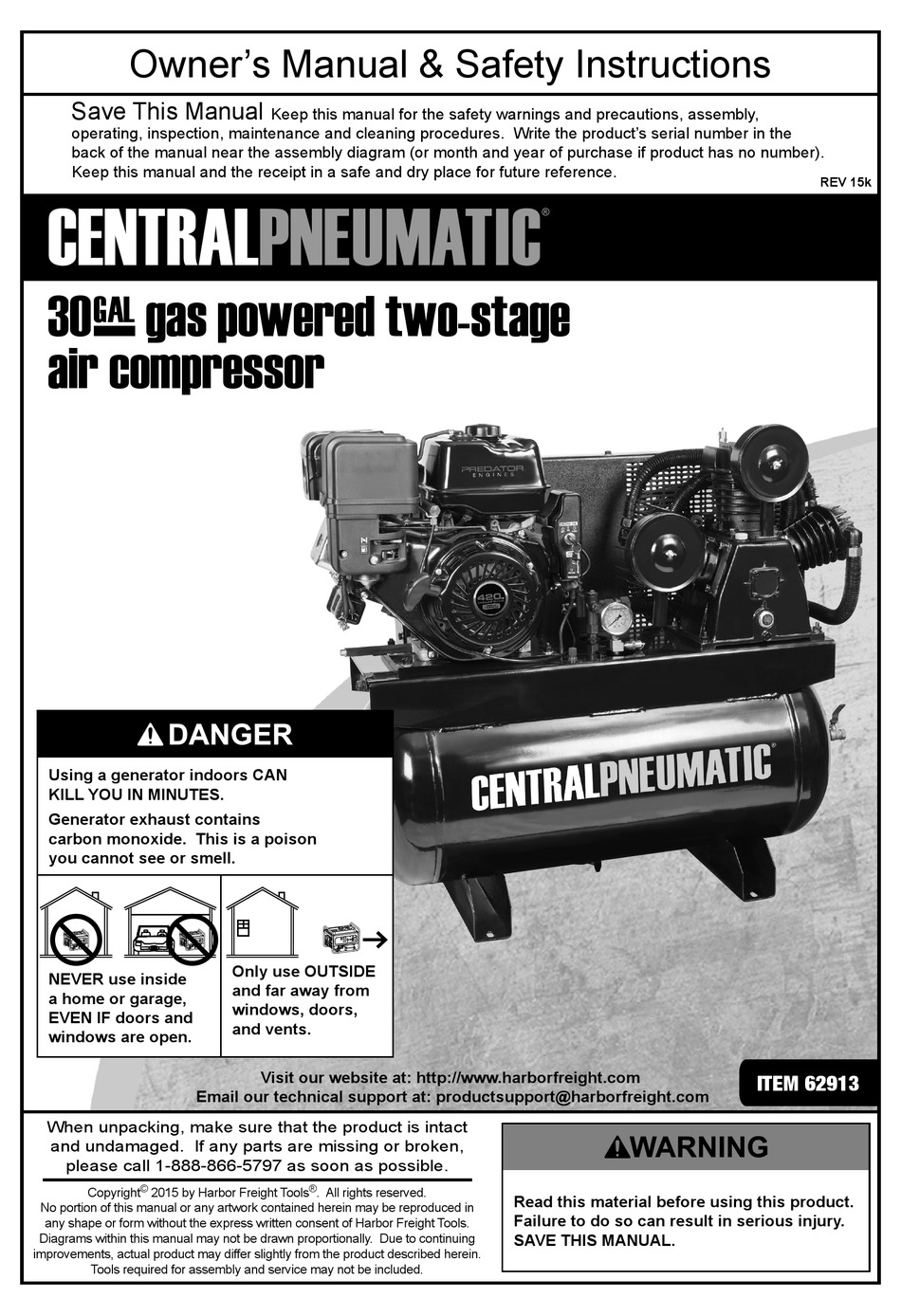 CENTRAL PNEUMATIC 62913 OWNER'S MANUAL & SAFETY INSTRUCTIONS Pdf