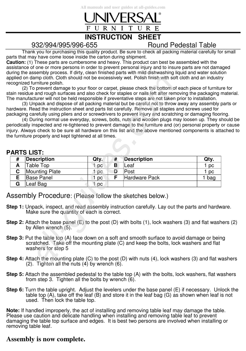 UNIVERSAL FURNITURE 932655 INSTRUCTION SHEET Pdf Download ManualsLib