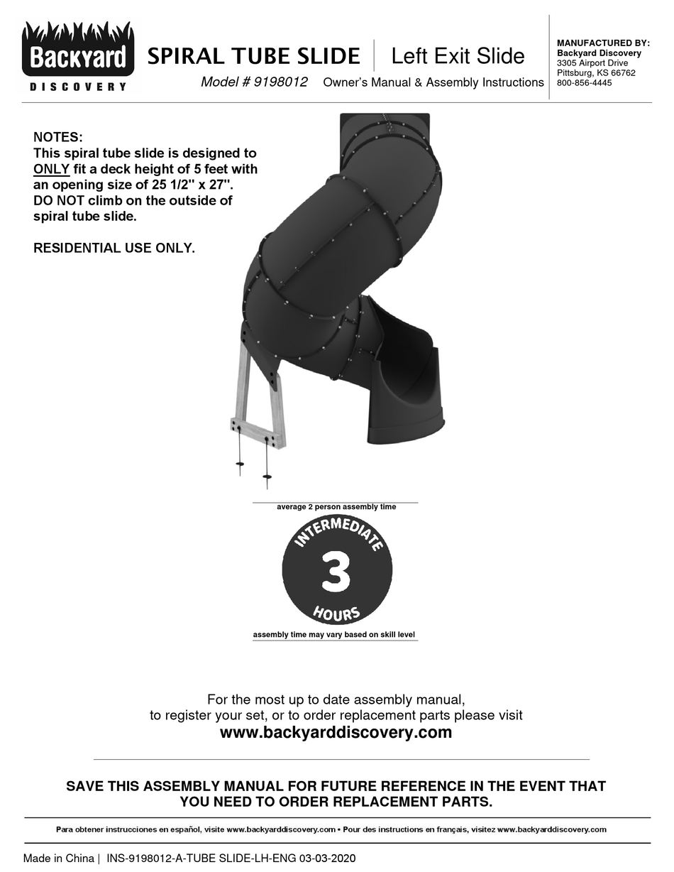 BACKYARD DISCOVERY 9198012 OWNER'S MANUAL & ASSEMBLY INSTRUCTIONS Pdf