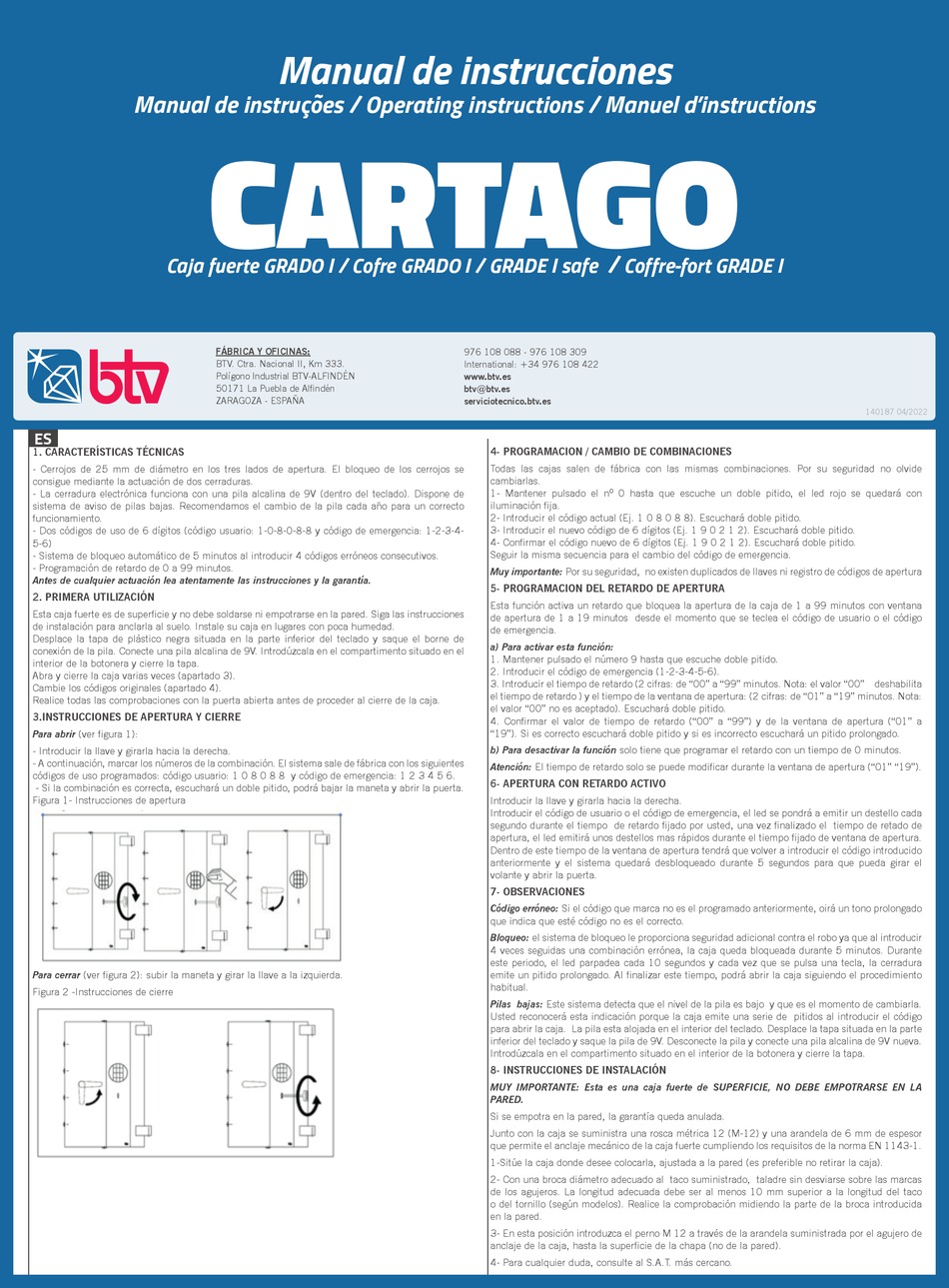 BTV CARTAGO OPERATING INSTRUCTIONS Pdf Download ManualsLib