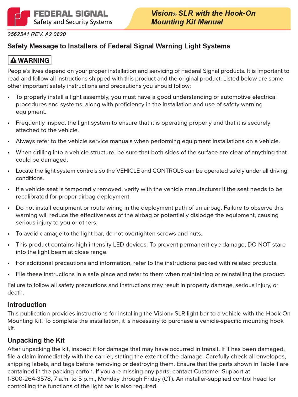 FEDERAL SIGNAL CORPORATION VISION SLR INSTALLATION INSTRUCTIONS MANUAL