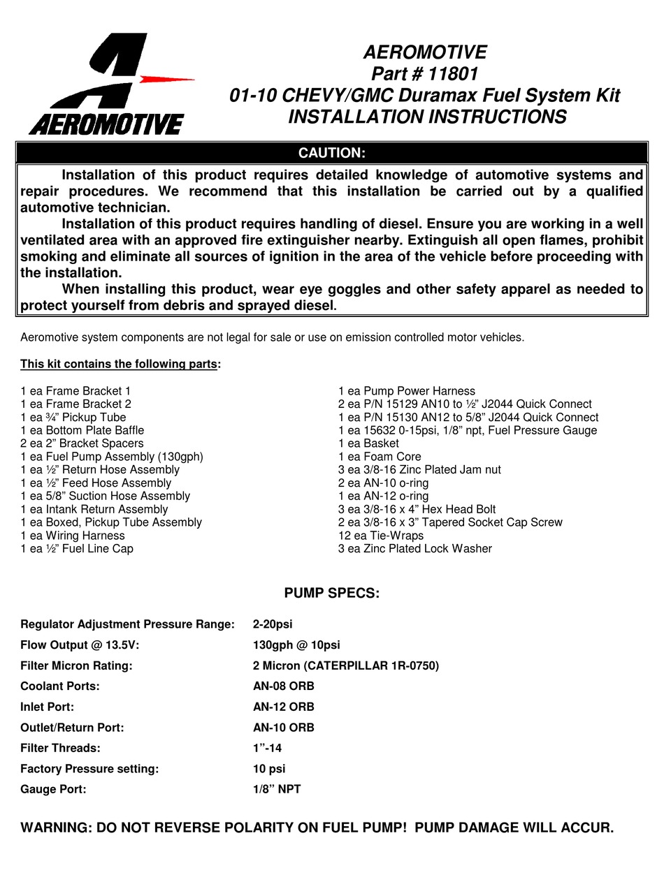 AEROMOTIVE 11801 INSTALLATION INSTRUCTIONS MANUAL Pdf Download ManualsLib