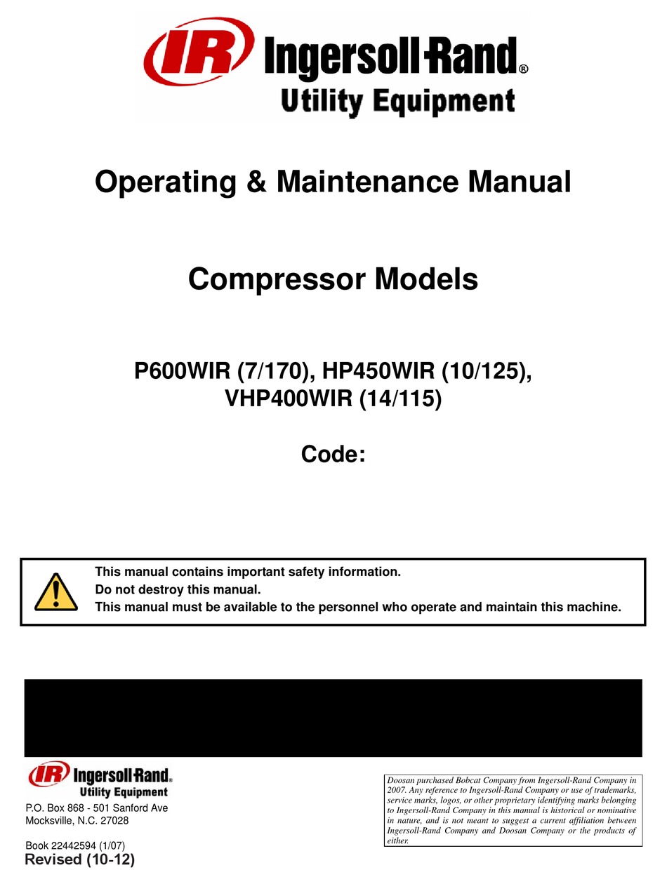 Ingersoll Rand P Wir Operating Maintenance Manual Pdf Download Manualslib