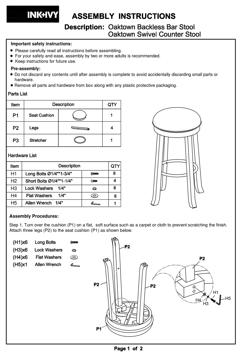 INK+IVY OAKTOWN BACKLESS BAR STOOL ASSEMBLY INSTRUCTIONS Pdf Download