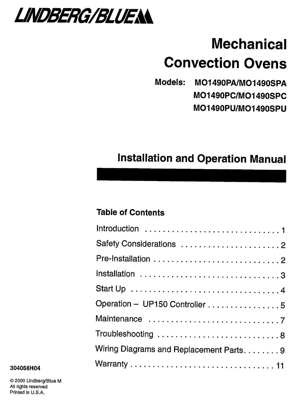 LINDBERG/BLUE M01490PA INSTALLATION AND OPERATION MANUAL Pdf Download