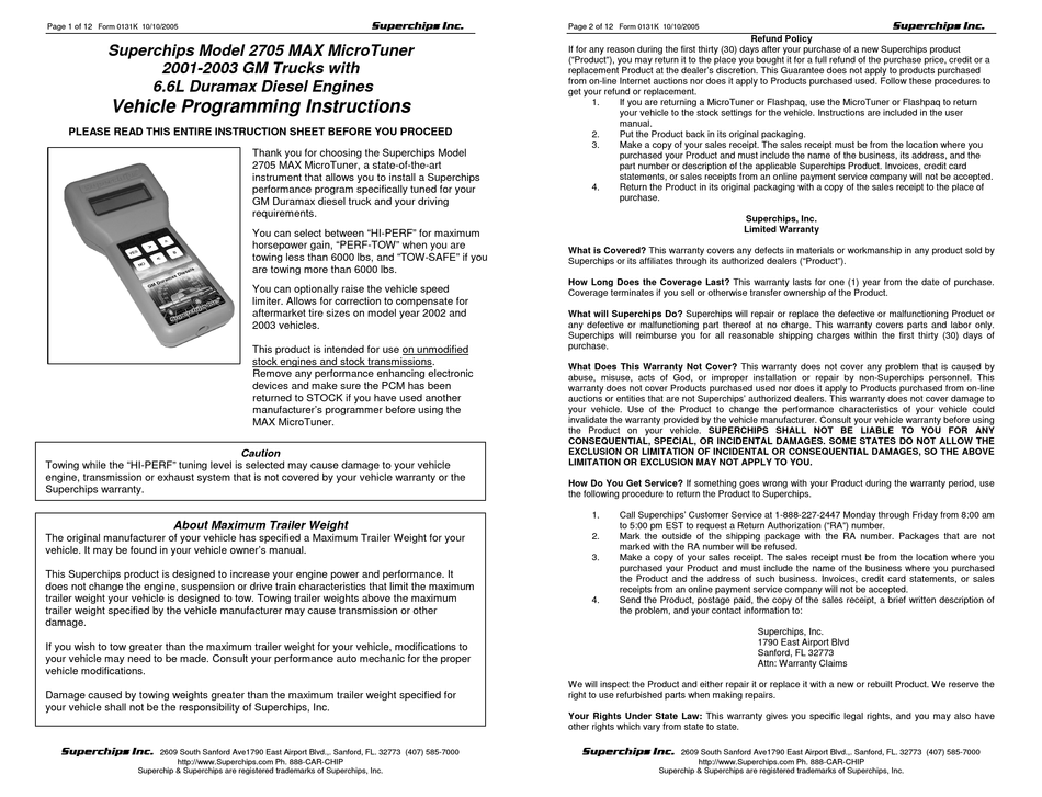 SUPERCHIPS 2705 MAX MICRO TUNER PROGRAMMING INSTRUCTIONS MANUAL Pdf