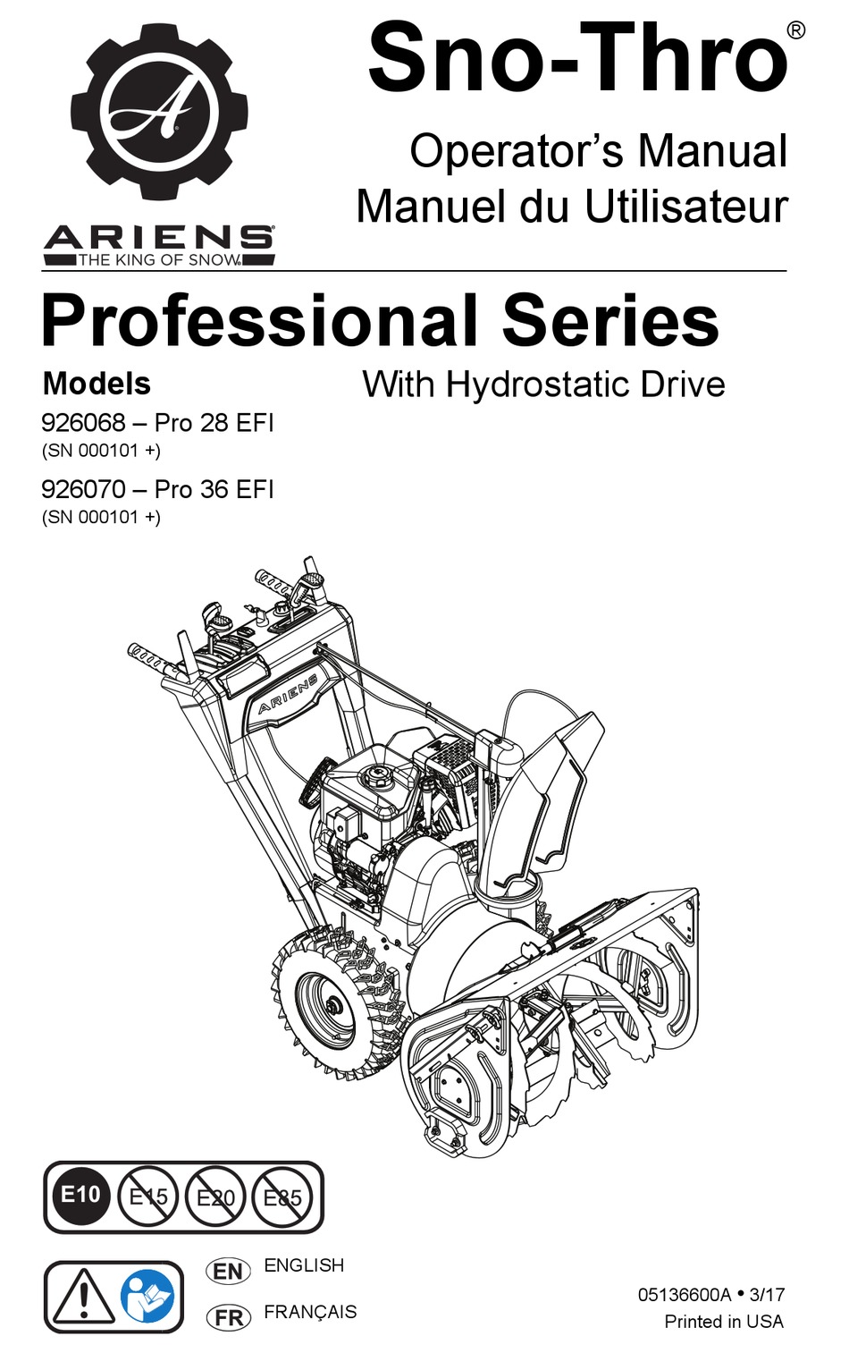 Ariens Sno Thro Professional Series Operator S Manual Pdf Download Manualslib