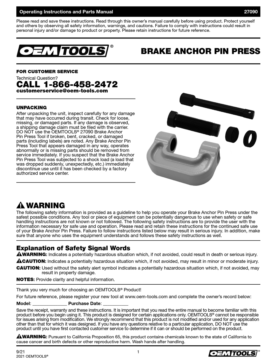 OEM TOOLS 27090 OPERATING INSTRUCTIONS AND PARTS MANUAL Pdf Download