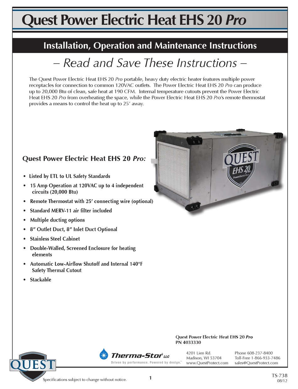 QUEST ENGINEERING EHS 20 PRO INSTALLATION, OPERATION AND MAINTENANCE