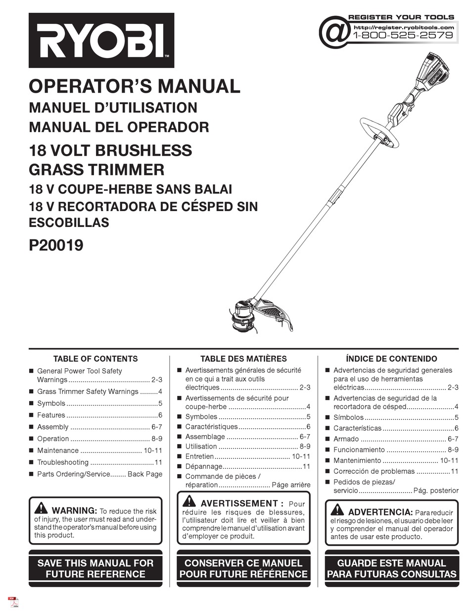 RYOBI P20019 OPERATOR
