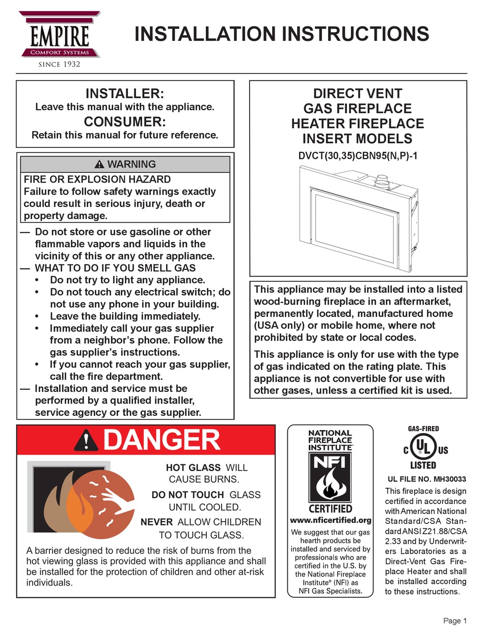 EMPIRE COMFORT SYSTEMS DVCT35CBN95N INSTALLATION INSTRUCTIONS MANUAL ...