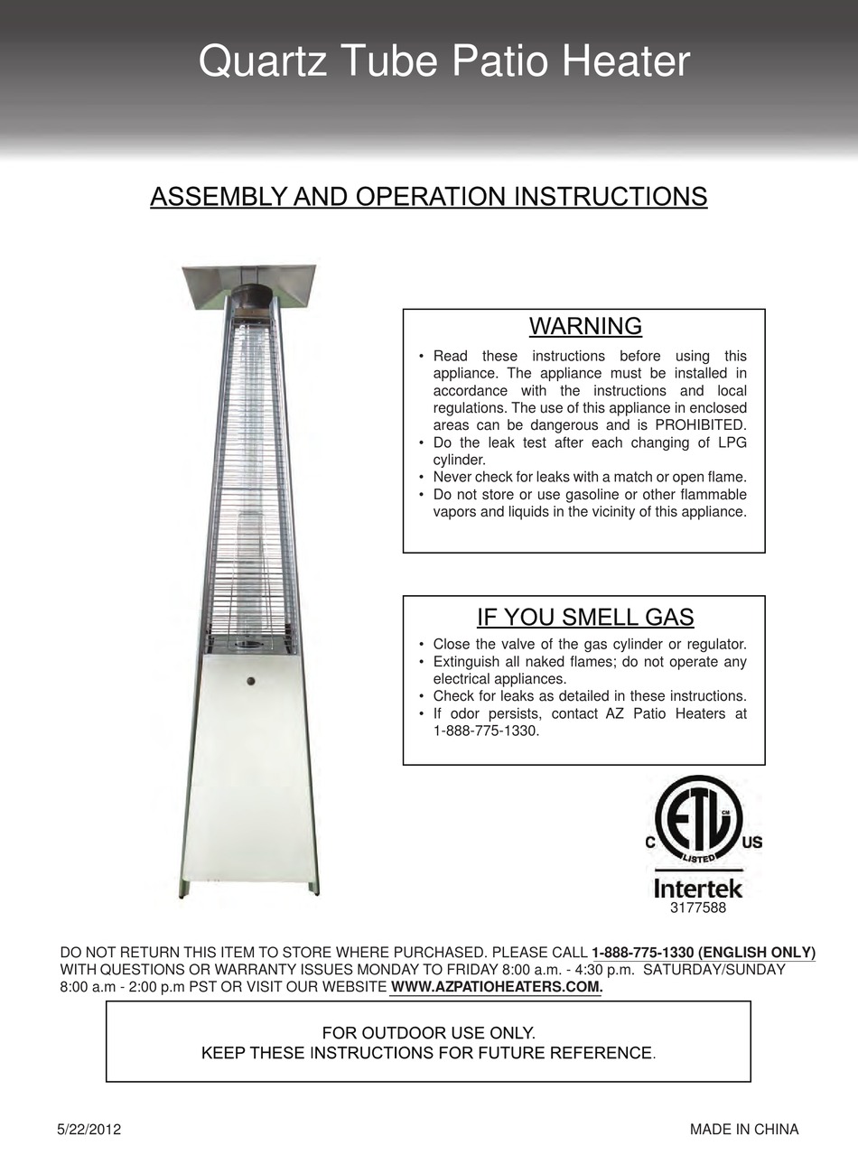 AZ PATIO HEATERS PH08SSB ASSEMBLY AND OPERATION INSTRUCTIONS MANUAL