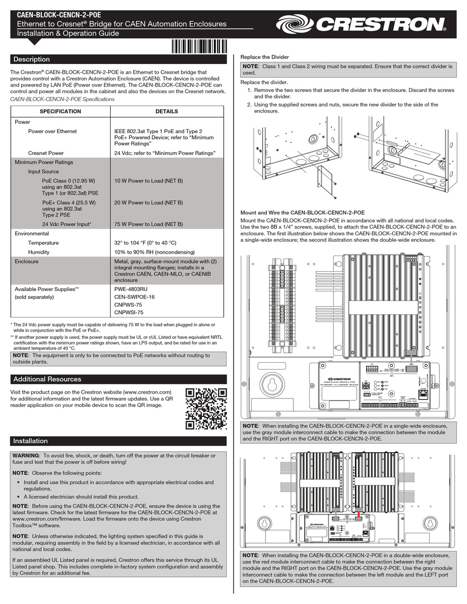 CRESTRON TO CAENBLOCKCENCN2POE INSTALLATION