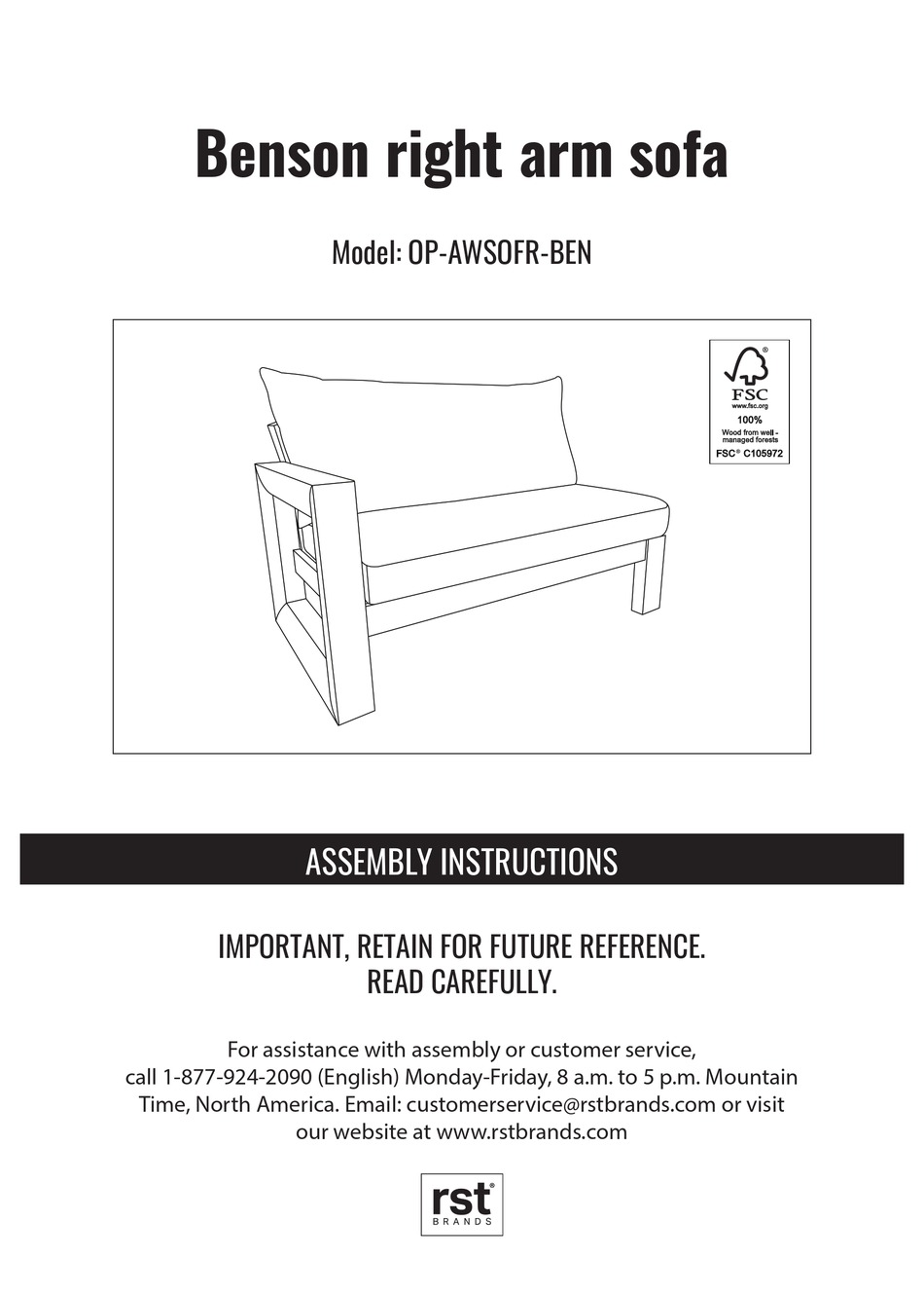 RST BRANDS BENSON OPAWSOFRBEN ASSEMBLY INSTRUCTIONS MANUAL Pdf
