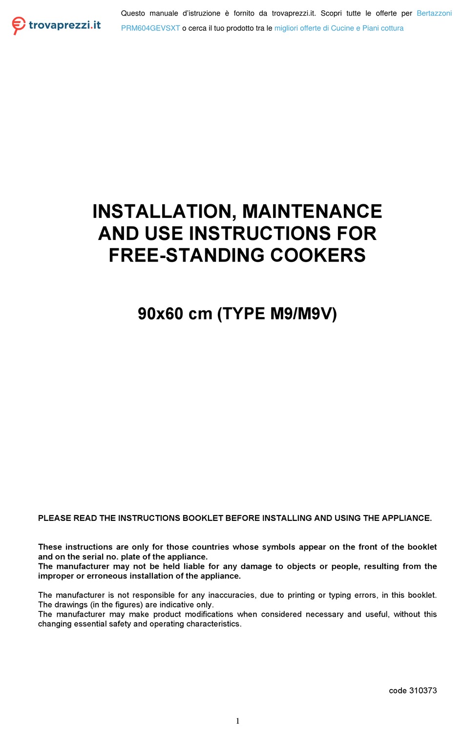 BERTAZZONI PRM604GEVSXT INSTALLATION, MAINTENANCE AND USE INSTRUCTIONS