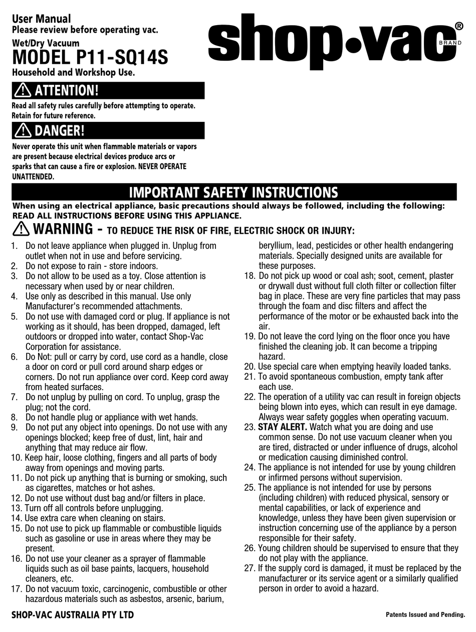 SHOPVAC P11SQ14S USER MANUAL Pdf Download ManualsLib