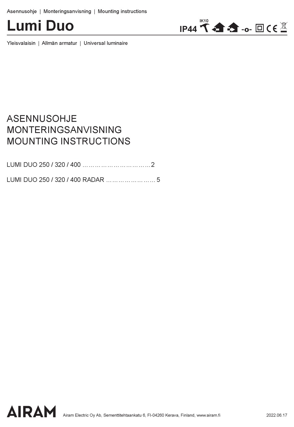 AIRAM LUMI DUO 250 MOUNTING INSTRUCTIONS Pdf Download ManualsLib